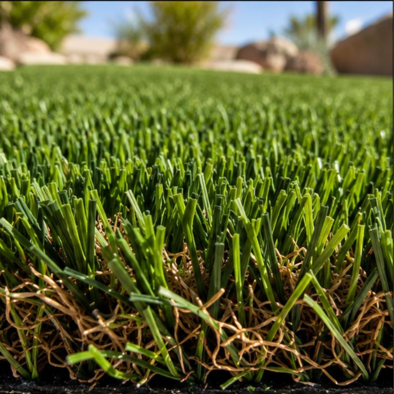 Close-up macro detail of realistic artificial turf fibers showing multiple shades of green and tan thatch for natural appearance