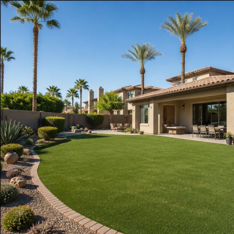 Wide backyard view of premium artificial grass installation in Arizona suburban home with clean edging, palm trees, and desert-inspired landscaping