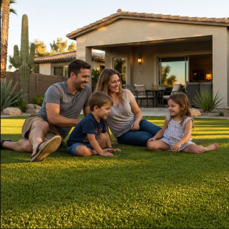 Family enjoying artificial grass backyard in Arizona with children playing on realistic green turf, modern suburban home, desert landscaping, warm sunset lighting